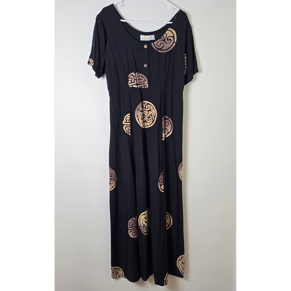 Smithsonian Institution Dresses & Skirts - Smithsonian Batik Dress Womens Medium Short Sleeve Black Medallion Pattern